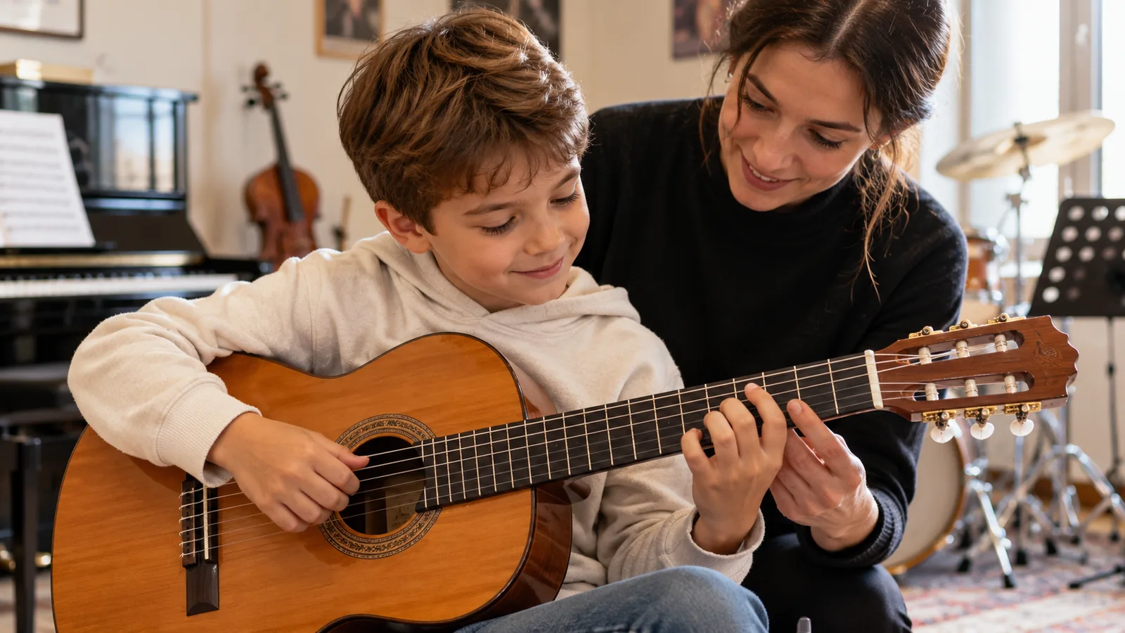 Un enfant apprend la guitare avec un adulte, dans le cadre d'un apprentissage musical.